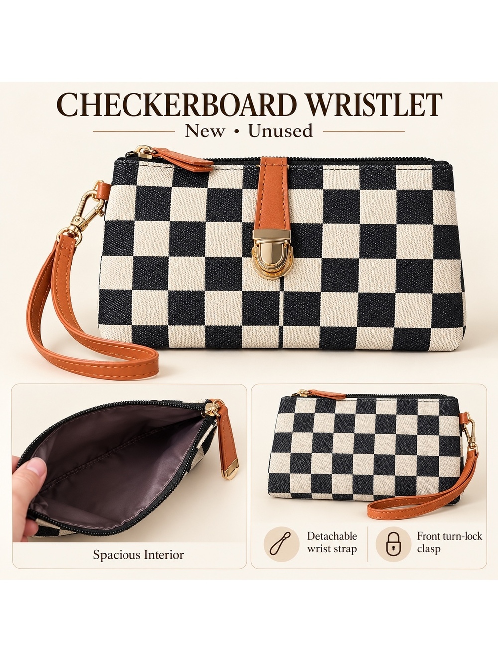 Black & Ivory Checkerboard Wristlet with Cognac Brown Strap - New